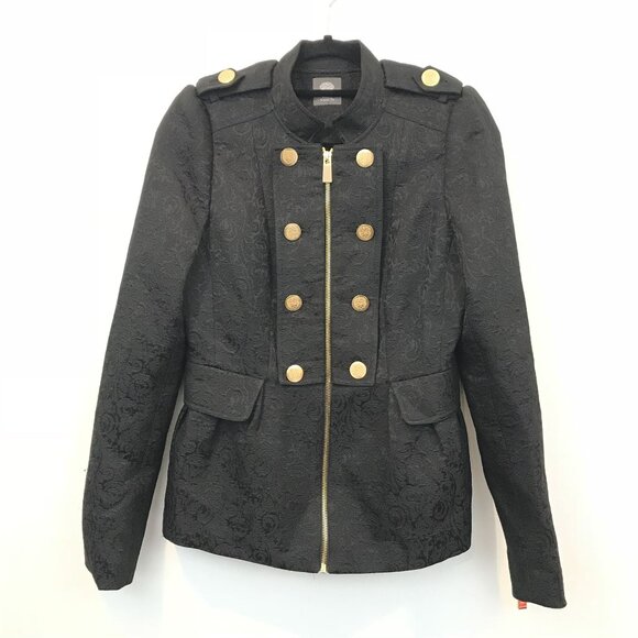 Black Jacquard Military Style Jacket Gold Button Zipper Vince Camuto Size M - Picture 1 of 13